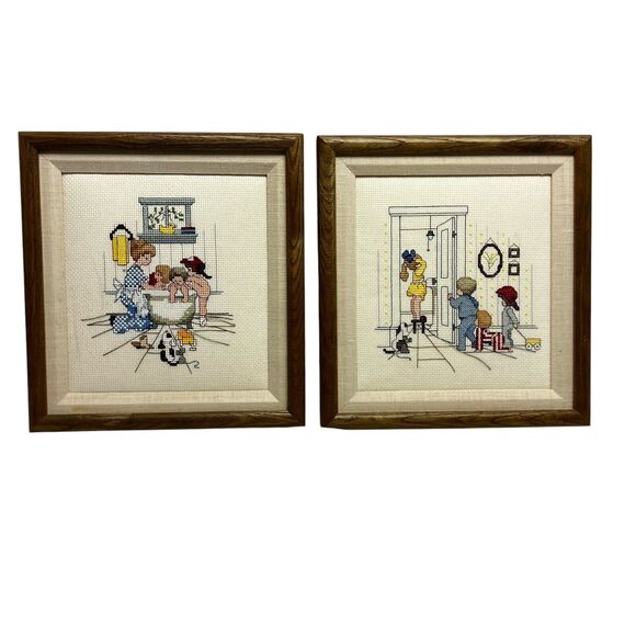 Vintage Framed Needlepoint Cross Stitch Crewel Kids In Bathroom Set of 2 11"x12" - Picture 1 of 11